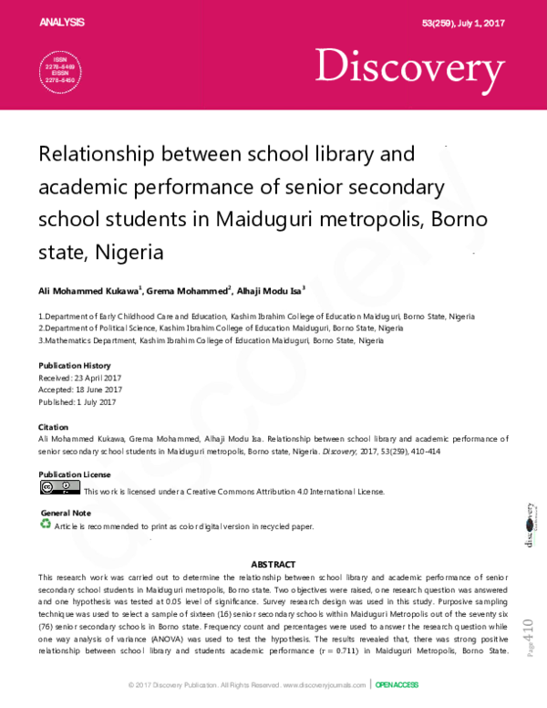 (PDF) Relationship between school library and academic performance