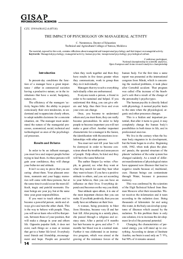 (PDF) The Impact of Psychology on Managerial Activity
