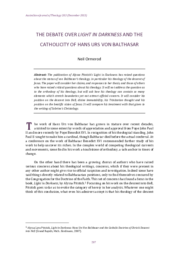 (PDF) The Debate Over Light in Darkness and the Catholicity of Hans Urs ...
