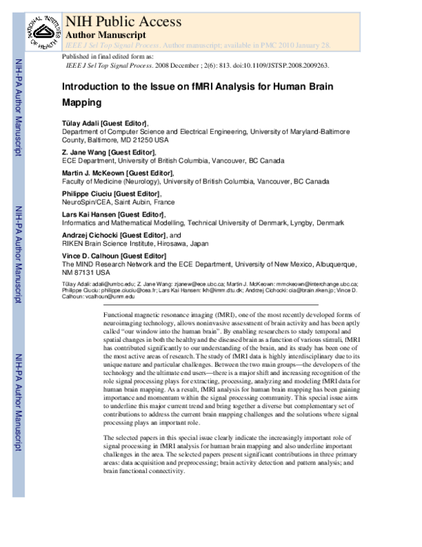 (PDF) Introduction to the Issue on fMRI Analysis for Human Brain Mapping