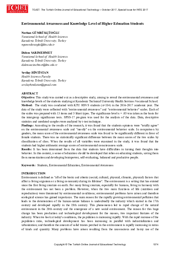 (PDF) Environmental Awareness and Knowledge Level of Higher Education ...