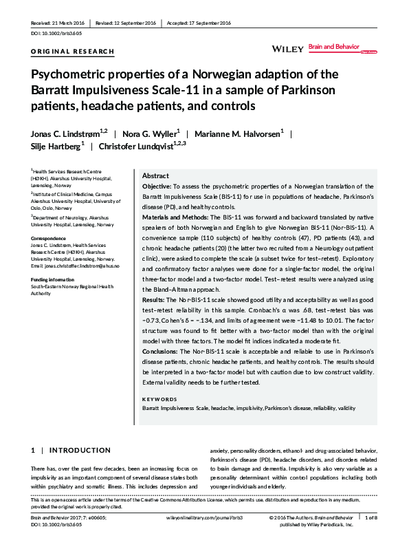 (PDF) Psychometric properties of a Norwegian adaption of the Barratt ...