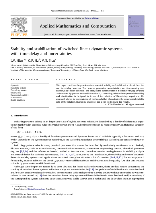 (PDF) Stability and stabilization of switched linear dynamic systems ...