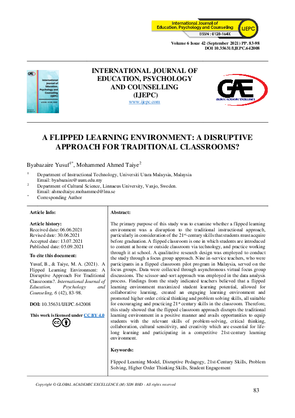 (PDF) A Flipped Learning Environment: A Disruptive Approach for ...