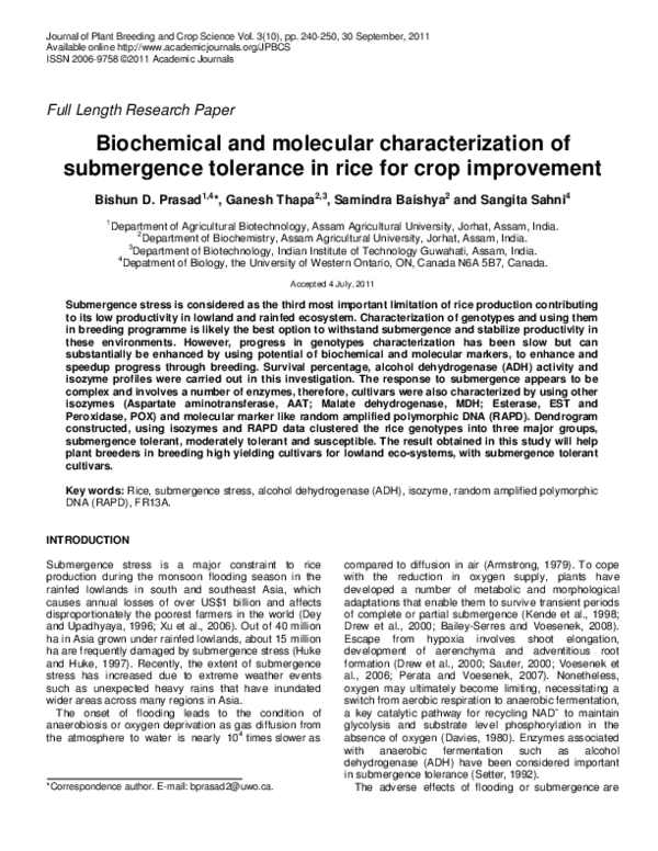 (PDF) Biochemical and molecular characterization of submergence ...