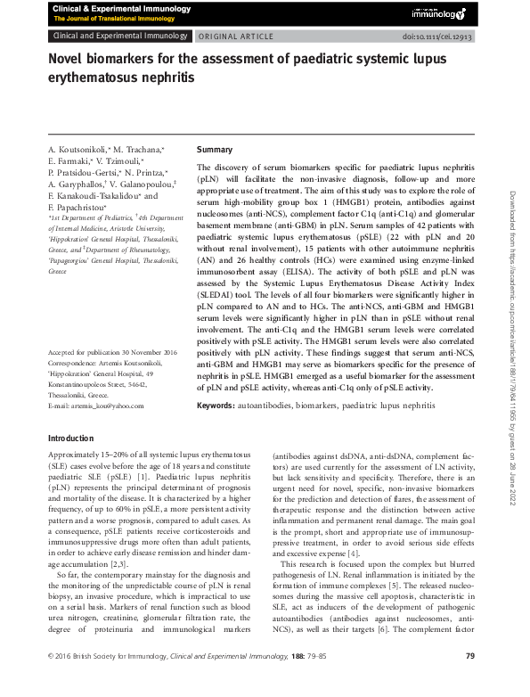 (PDF) Novel biomarkers for the assessment of paediatric systemic lupus ...