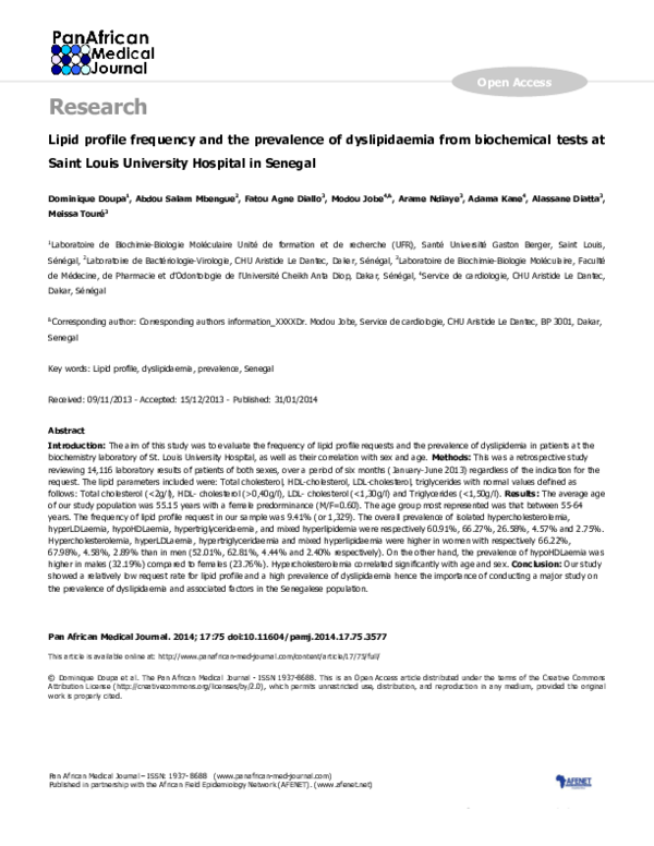 (PDF) Lipid profile frequency and the prevalence of dyslipidaemia from ...