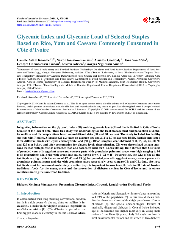(PDF) Glycemic Index and Glycemic Load of Selected Staples Based on