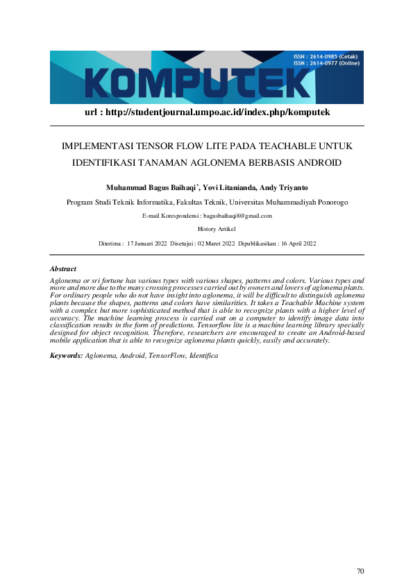 (PDF) Implementasi Tensor Flow Lite Pada Teachable Untuk Identifikasi ...