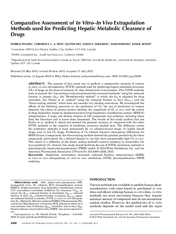 (PDF) Comparative Assessment of In Vitro–In Vivo Extrapolation Methods ...