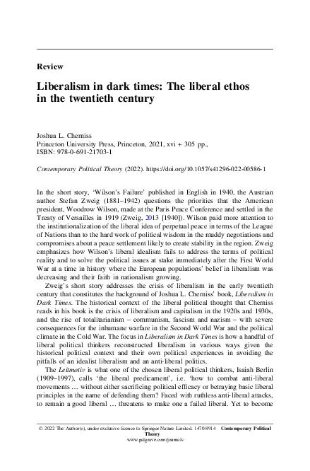 Liberalism in dark times: The liberal ethos in the twentieth century