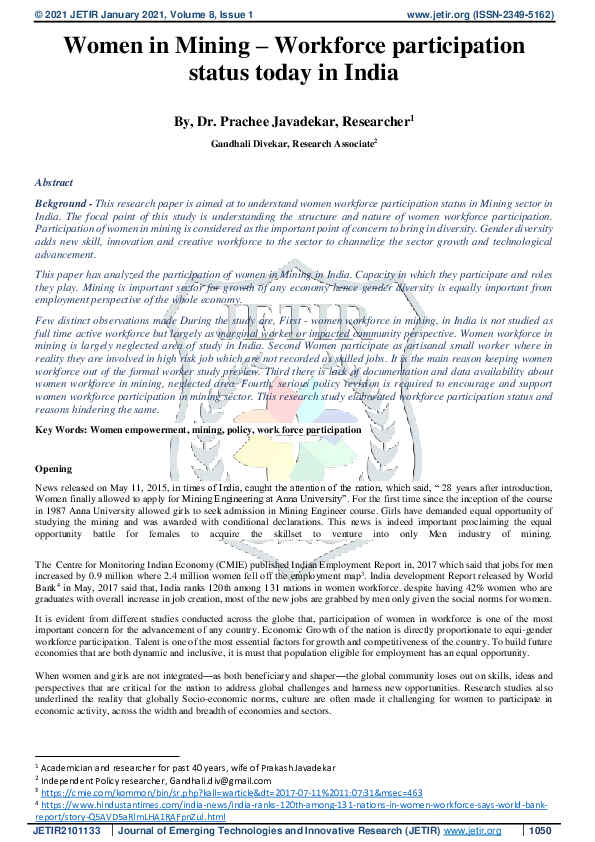 (PDF) Women in Mining – Workforce participation status today in India