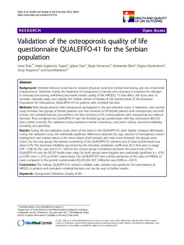 (PDF) Validation of the osteoporosis quality of life questionnaire QUALEFFO41 for the Serbian
