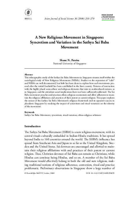 Pdf A New Religious Movement In Singapore Syncretism And Variation In The Sathya Sai Baba Movement Shane Pereira Academia Edu