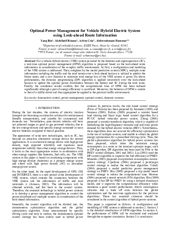 (PDF) Optimal Power Management for Vehicle Hybrid Electric System using ...