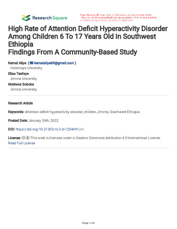 (PDF) High Rate of Attention Deficit Hyperactivity Disorder Among ...