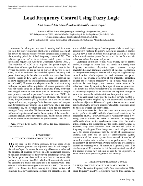 (PDF) Load Frequency Control Using Fuzzy Logic