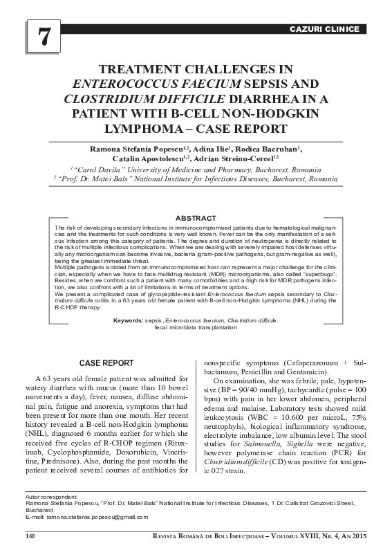 (PDF) Treatment Challenges in Enterococcus Faecium Sepsis and Clostridium Difficile Diarrhea in
