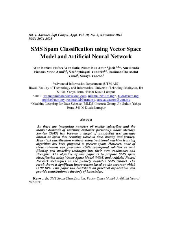 (PDF) SMS spam classification using vector space model and artificial ...