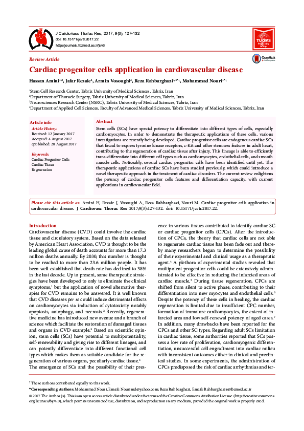 (PDF) Cardiac progenitor cells application in cardiovascular disease