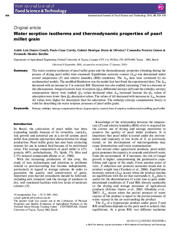 (PDF) Water sorption isotherms and thermodynamic properties of pearl ...