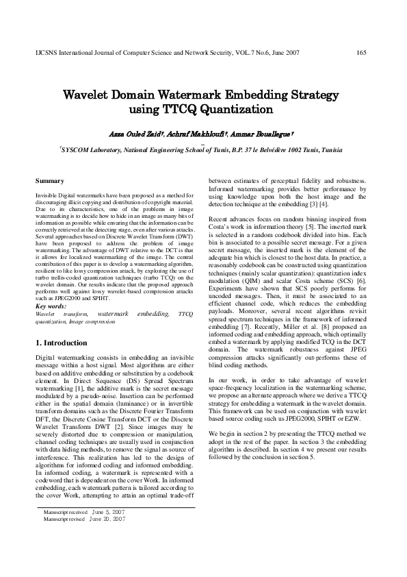 (PDF) Wavelet domain watermark embedding strategy using TTCQ quantization