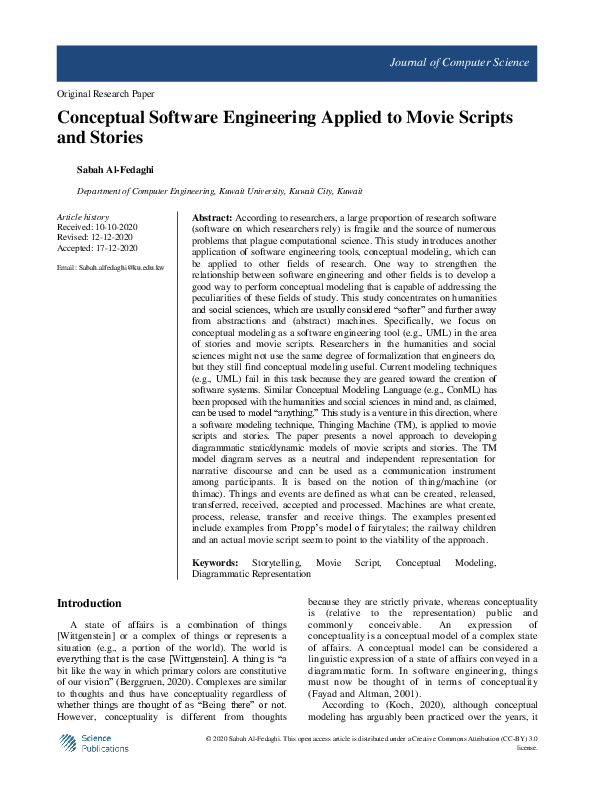 (PDF) Conceptual Software Engineering Applied to Movie Scripts and Stories