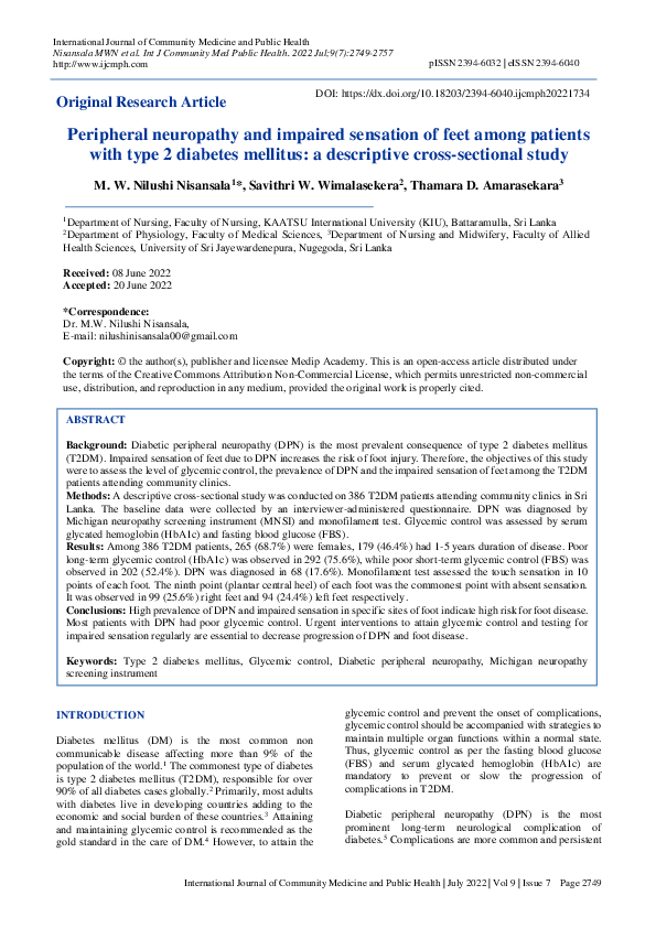 (PDF) Peripheral neuropathy and impaired sensation of feet among ...