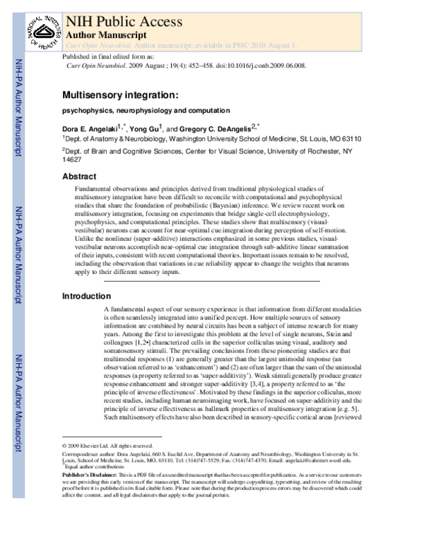Pdf Multisensory Integration Psychophysics Neurophysiology And