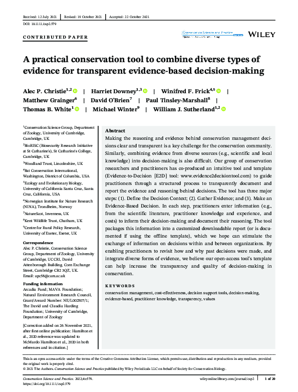 Pdf A Practical Conservation Tool To Combine Diverse Types Of Evidence For Transparent Pdf A Practical Conservation Tool To Combine Diverse Types Of Evidence For Transparent