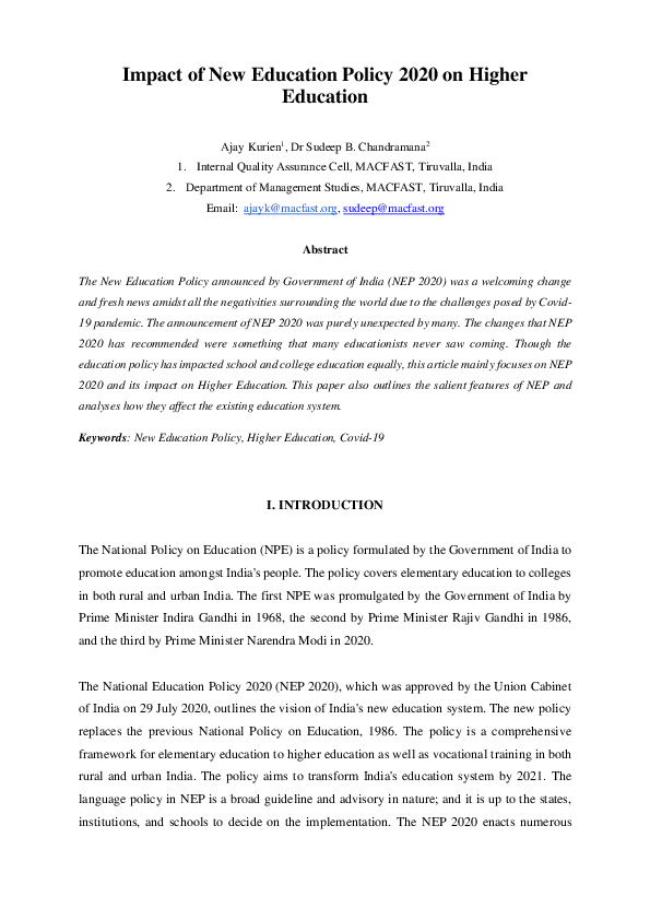 (PDF) Impact of New Education Policy 2020 on Higher Education