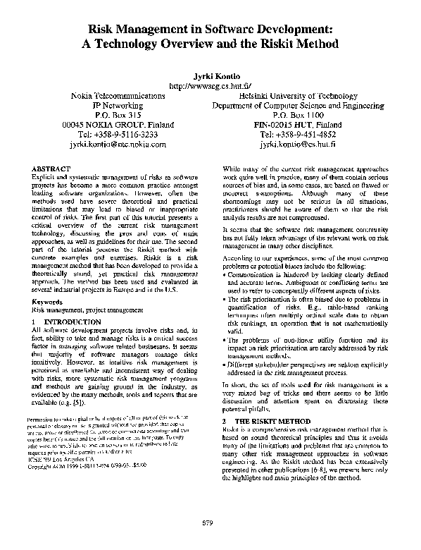 (PDF) Risk management in software development