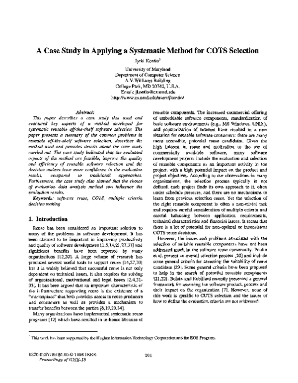 (PDF) A case study in applying a systematic method for COTS selection