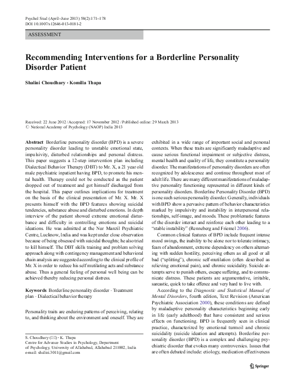 (PDF) Recommending Interventions for a Borderline Personality Disorder ...