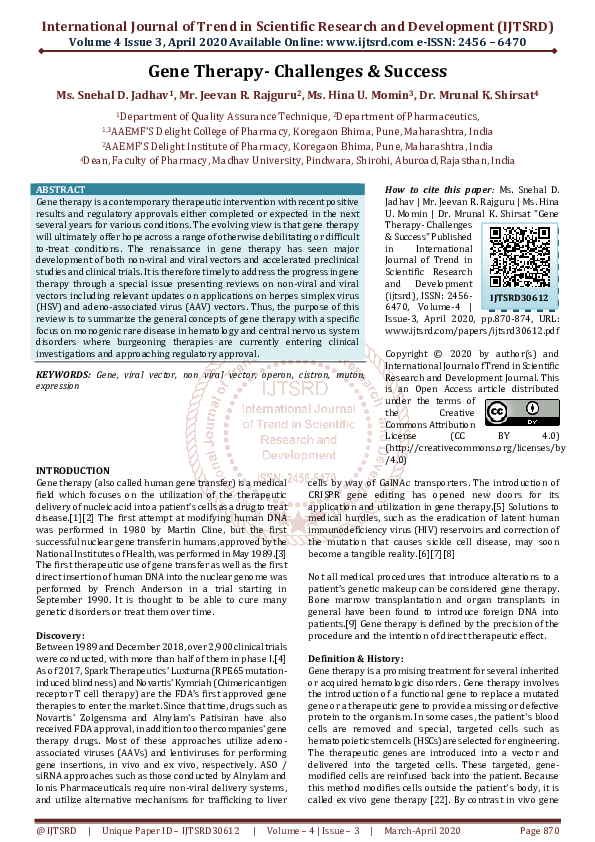 (PDF) Gene Therapy- Challenges & Success