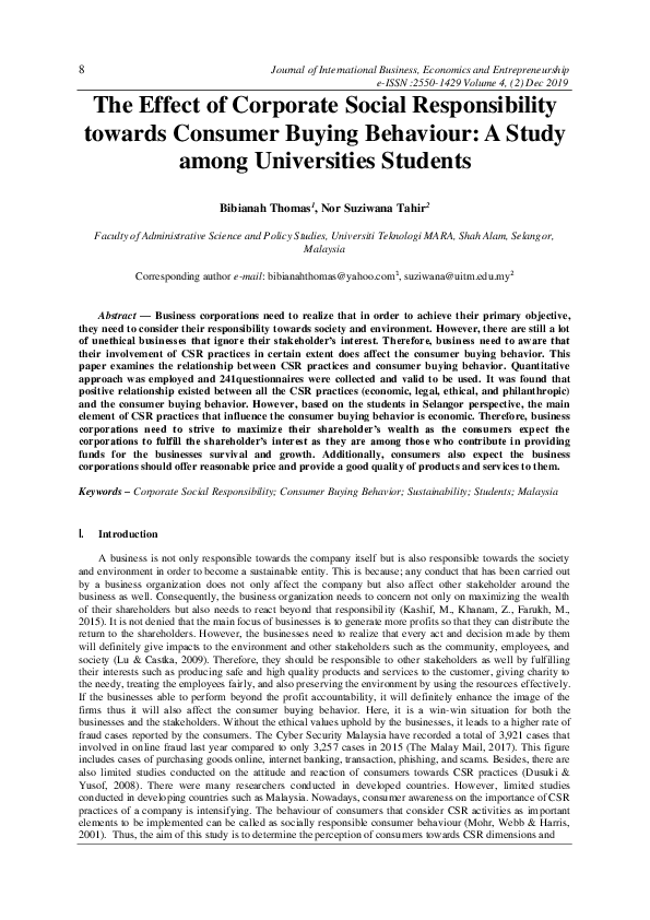 (PDF) The Effect of Corporate Social Responsibility towards Consumer ...