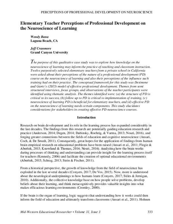 (PDF) Elementary Teacher Perceptions of Professional Development on the ...