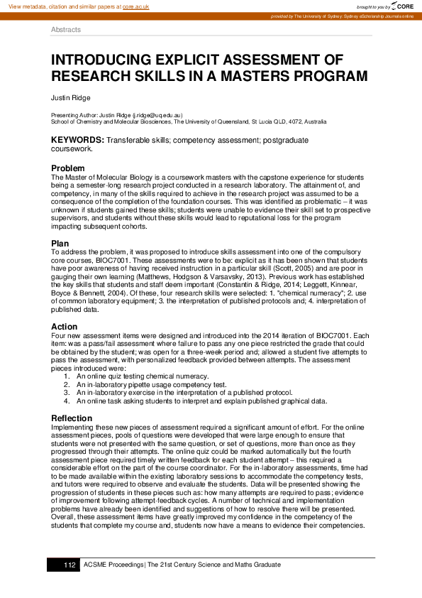 (PDF) Introducing explicit assessment of research skills in a masters ...