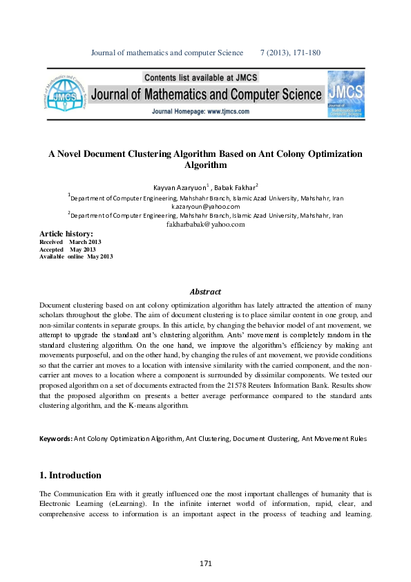 (PDF) A Novel Document Clustering Algorithm Based On Ant Colony ...
