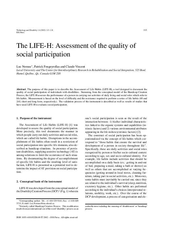 (PDF) The LIFEH Assessment of the quality of social participation