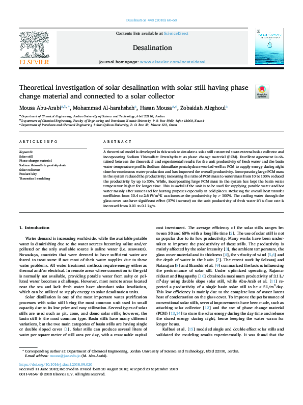 (PDF) Theoretical investigation of solar desalination with solar still ...
