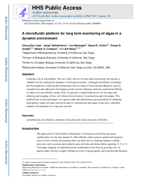 (PDF) A Microfluidic Platform for Long-Term Monitoring of Algae in a ...