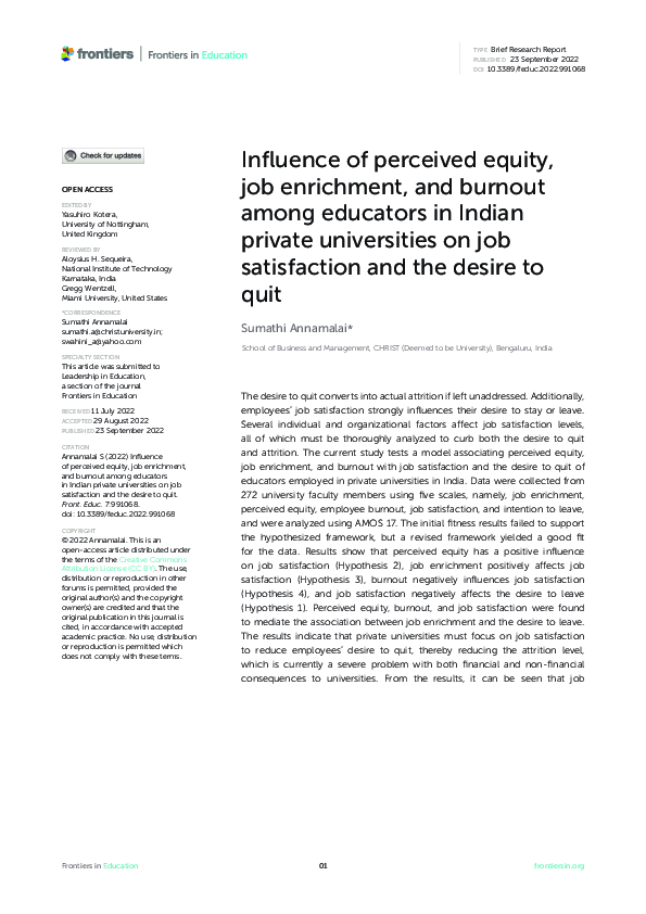 (PDF) Influence of perceived equity, job enrichment, and burnout among ...