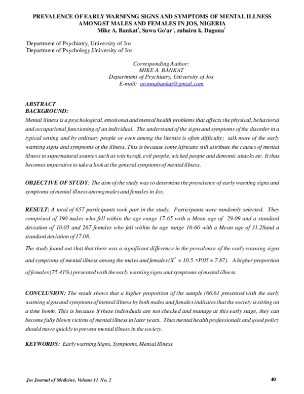 (PDF) Prevalence of Early Warninng Signs and Symptoms of Mental Illness ...