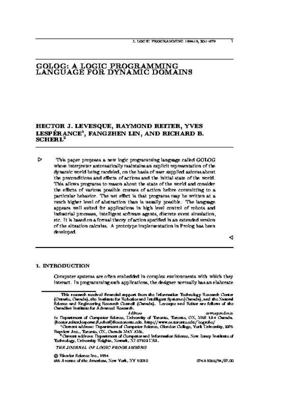 (PDF) GOLOG: A logic programming language for dynamic domains