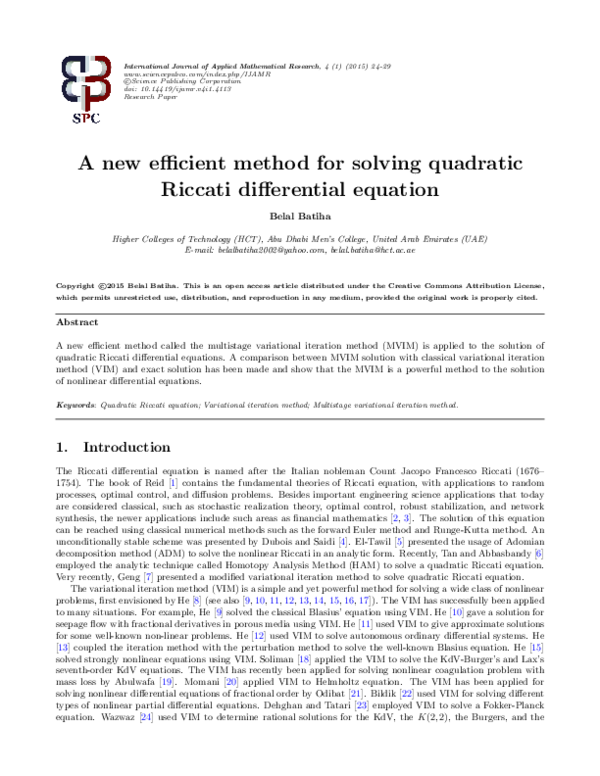 (PDF) A new efficient method for solving quadratic Riccati differential ...