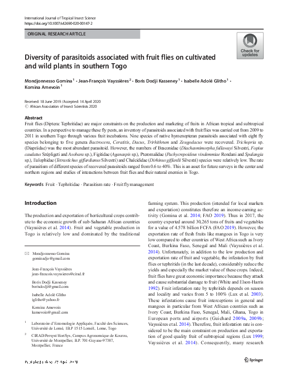 (PDF) Diversity of parasitoids associated with fruit flies on ...