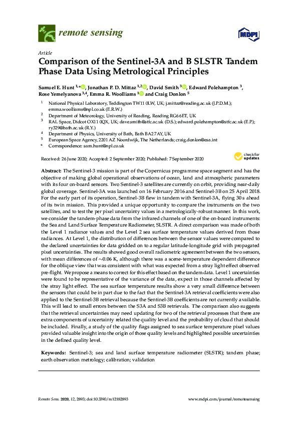 (PDF) Comparison of the Sentinel-3A and B SLSTR Tandem Phase Data Using ...
