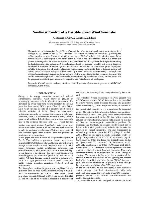 (PDF) Nonlinear Control of a Variable Speed Wind Generator