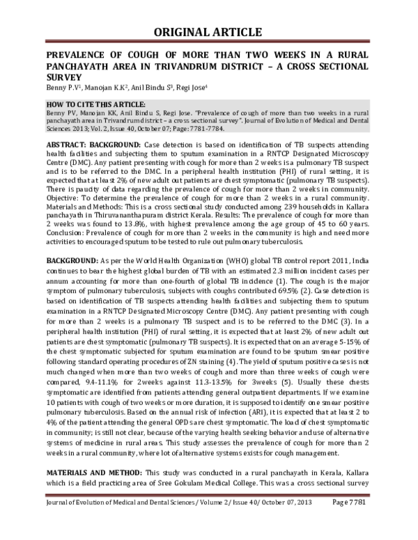 (PDF) Prevalence of Cough of More Than Two Weeks in a Rural Panchayath ...